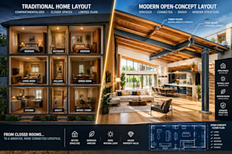 open concept layout and open concept structural remodeling