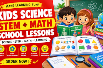 illustrate kids science books, stem, math, school lessons and learning