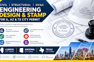 provide civil structural hvac design engineering stamp for il  az tx city permit