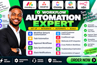 set up workflow automation on monday crm, asana, clickup, slack, n8n automation