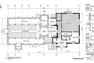 draw 2d church floor plan, elevation plan, foundation, renovation and site plans