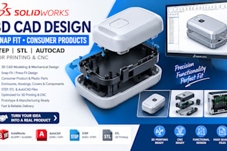 3d cad design snap fit for consumer products step, stl, autocad for printing cnc