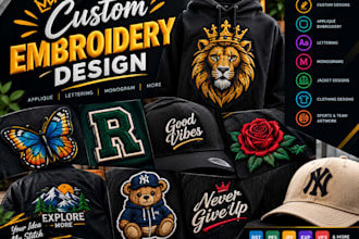 create custom embroidery design, applique, lettering and monogram in few hours