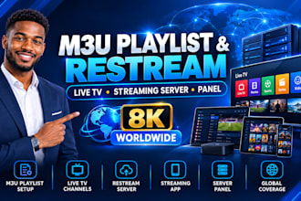 offer best worldwide m3u playlist, restream, live tv app 8k server with panel