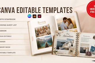 design canva editable photo scrapbook, wedding guest book template, logbook, kdp
