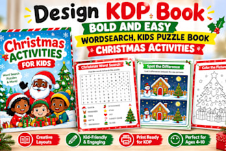 design kdp book bold and easy, wordsearch, kids puzzle book christmas activities