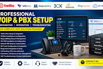 setup twilio, configure 3cx, magnus billing, pbx, vicidial and ring central