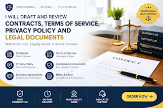 draft and review contracts, terms of service, privacy policy and legal documents