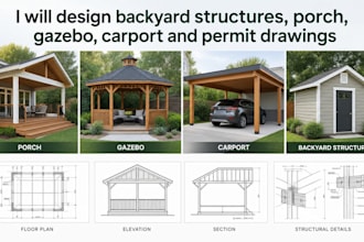 design backyard structures, porch, gazebo, carport and permit drawings