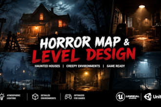 design a horror map, haunted house, creepy environment and level with lighting
