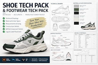 create shoe tech pack, footwear tech pack and technical drawings