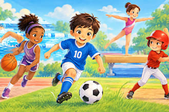 illustrate children book with 2d sports storybook illustrations