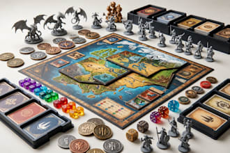 design custom board game, card game, tabletop game, card box packaging, rulebook