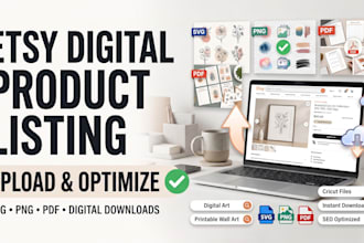 upload and create etsy digital product listings with SEO