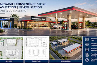 design car wash, convenience store, gas station petrol station plans, 3d render