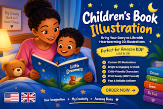 draw 2d children book illustration for amazon kdp bdtime story in usa and uk
