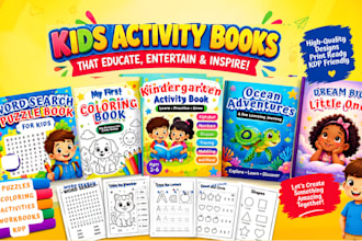 do word search puzzle book, coloring book, kindergarten and book cover design