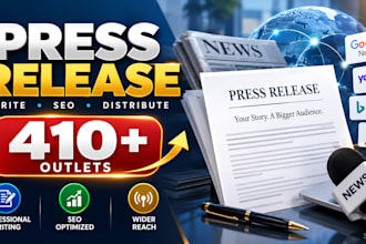 write a professional SEO press release and distribute it to 410 outlets