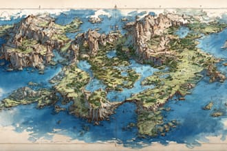 draw fantasy map illustration in vintage storybook style