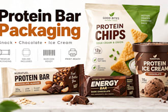 design protein bar, chocolate snack wrapper, ice cream and food packaging