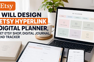 design etsy hyperlink digital planner, set etsy shop, digital journal and track