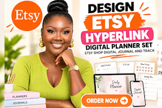 design etsy hyperlink digital planner, set etsy shop, digital journal and track