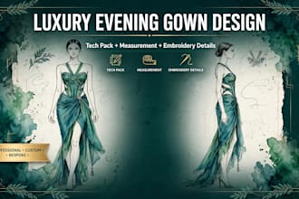design luxury evening gown sketch with tech pack details