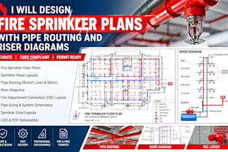 design fire sprinkler plans with pipe routing and riser diagrams