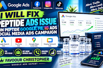 fix peptide ads issue, run peptide google, fb, ig ads, social media ads campaign