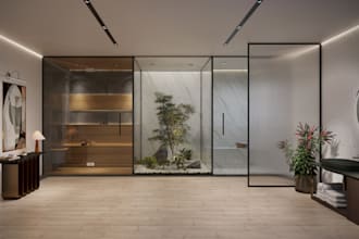 design and render a photorealistic 3d bathroom interior