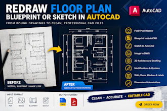 redraw floor plan, blueprint, or sketch in autocad
