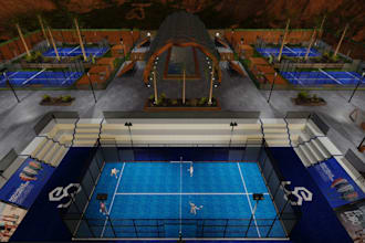 design 3d padel court, sport venue, outdoor patio, pickleball courts, gym spaces