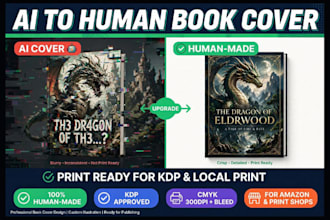 covert ai book cover design to human made for print ready and amazon kdp, kindle
