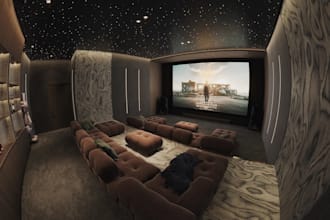 design home theater cinema room, media room in 3d interior and 3d rendering