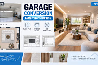 design garage conversion floor plan, family room interior and 3d rendering