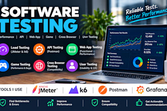 jmeter k6 postman API load test, web app, game and beta test, cross browser test