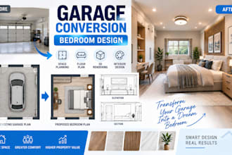 design garage conversion bedroom layout with space planning and 3d rendering