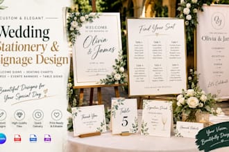 design wedding welcome signs, seating charts, cards, events banners, table signs
