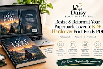 resize and reformat your paperback cover to KDP hardcover print ready PDF