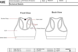 design sportswear tech pack, activewear design, technical drawing apparel design
