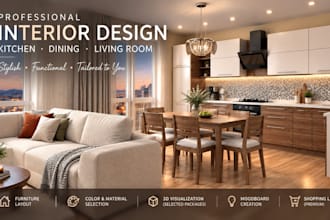 design a modern kitchen, dining and living room interior