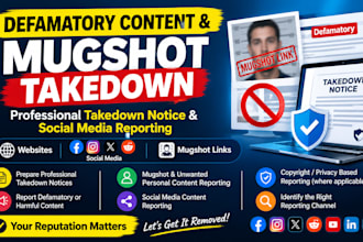 prepare takedown notices for defamatory content and mugshots links bad articles