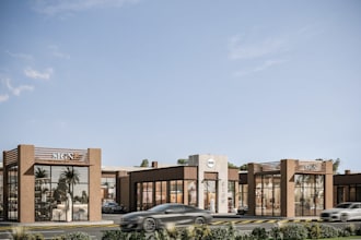 stripmall exterior visualisation,retail storefront parking lot,aerial render,gym