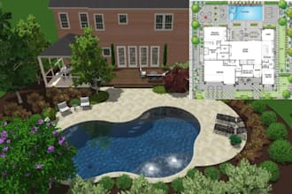 design swimming pool layout, patio, background, site plan and outdoor space