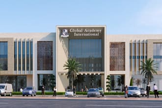 3d architectural render for school exterior, campus site concept design, lod 300