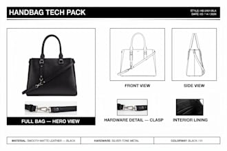 design your handbag tech pack in technical drawing flat sketch accessories