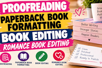 proofread, paperback book formatting, book editing, romance book editing