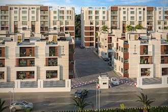 render 3d multi family apartment complex,mid rise apartment design,aerial visual