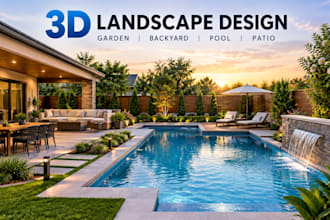 do 3d landscape design garden backyard pool patio with realistic 3d rendering
