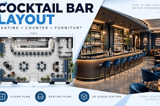 design cocktail bar floor plan, seating layout, counter and furniture placement